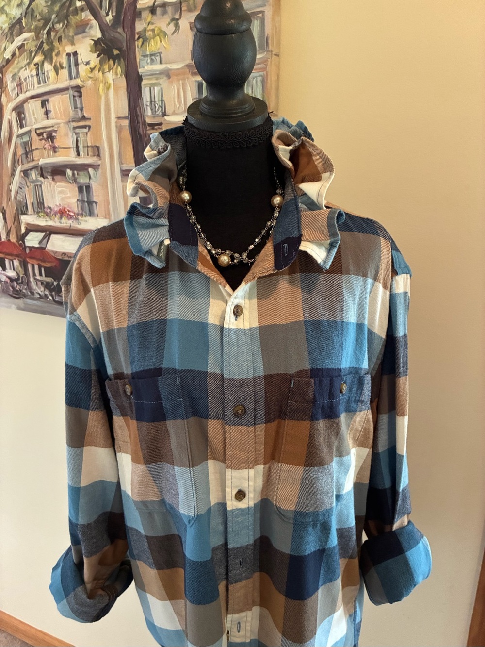 Ruffled Collar Plaid Button-Down Shirt - Blue & Brown - Picture 3 of 6